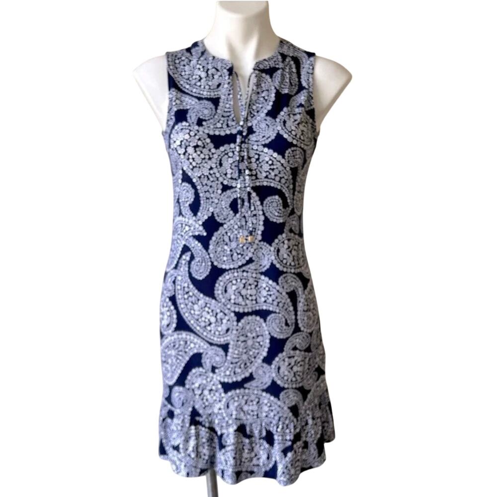 Michael Kors Women's Navy Blue White Paisley Sleeveless Ruffle Hem Dress Size L